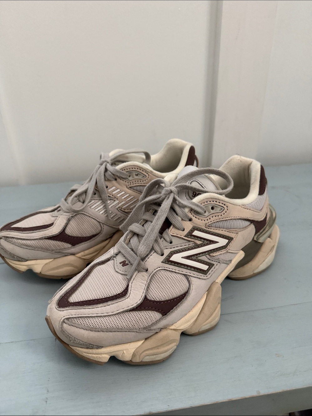 New Balance 9060 Women’s Cream and Burgundy Chunky Lace-Up Sneakers